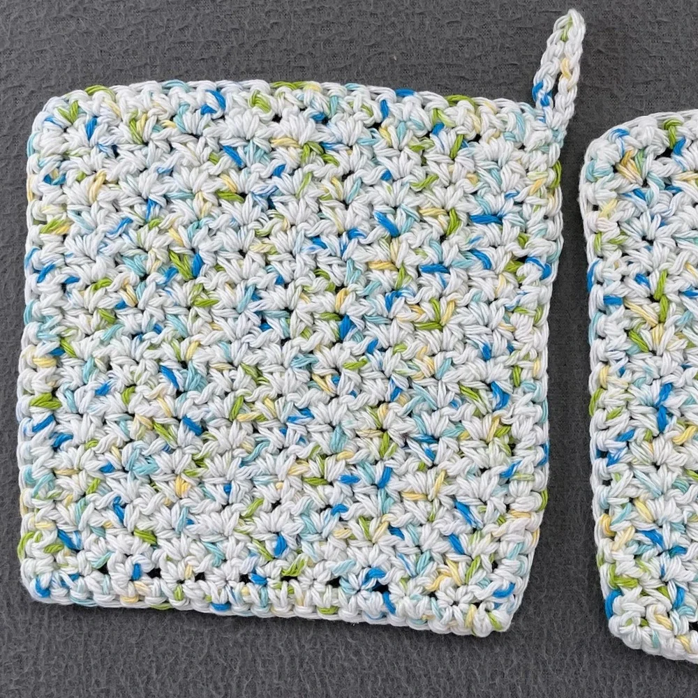 Handmade Crochet Potholders Set of 3 Multi Color Cotton Hot Pads 7x7 Cottagecore